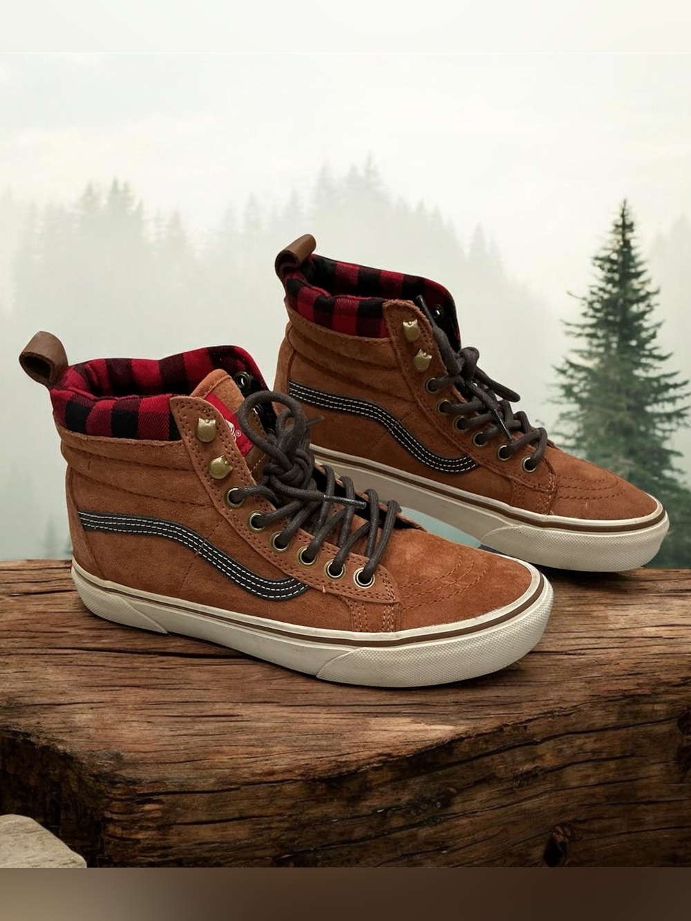 Vans Sk8-Hi MTE Glazed Ginger Brown Suede Plaid Sneakers Men’s 5 Women’s 6.5.